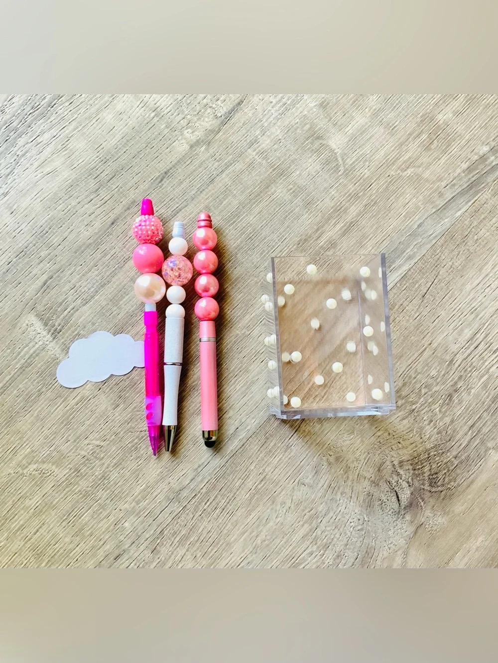 Homemade Crafted Beaded Pens & Pencils w/ Acrylic Pen Holder Stationery Set OS